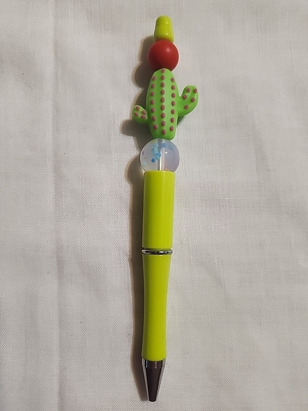 Bead Pen Green Cactus Lime Green Pen Red & Clear Specked Bead Handmade